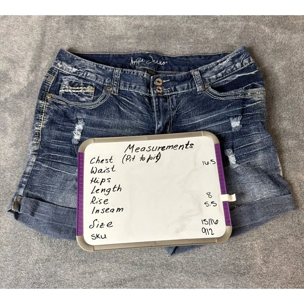 Angels Jeans Blue Distressed Cuffed Denim Shorts Size 15/16 Stretch Mid Rise